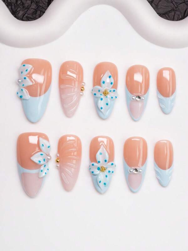 Spring/Summer Almond-Shaped Handmade Y2K Accent Nail Tips, Nude & Blue Color With Carved Patterns, Rhinestones, Pearls And Steel Beads, 10pcs/Pack, 3 Sizes, Suitable For Parties, Events And Daily Wear, Includes Tool Kit, Great Gift For Women And Girls