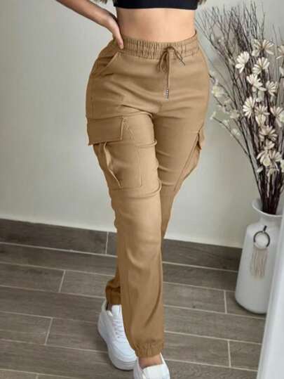 Pantalones cargo de moda de unicolor, estilo casual, sueltos, con cordón en la cintura