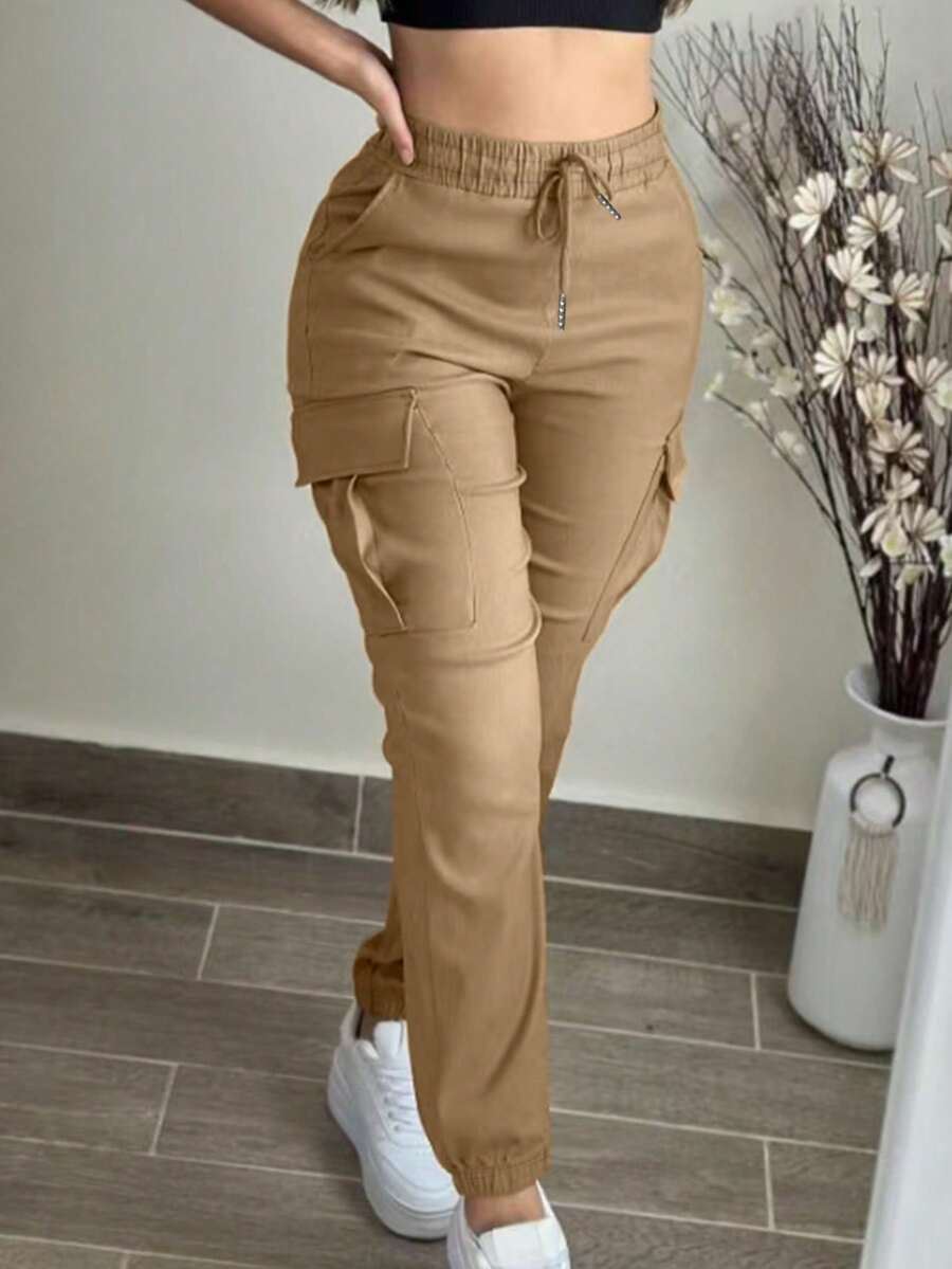 Fashion Solid Color Casual Loose Drawstring Waist Cargo Pants Spring - Khaki - View 1