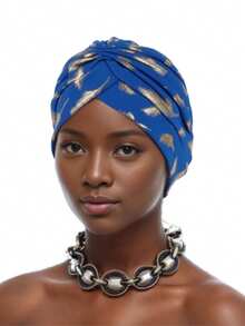 1pc Feather Foil Print Turban Hat, Cap, Chemo Cap, Conceals Gray Hair, Headwear Hair Sleep Cap - Feather Hot Stamping - View 4