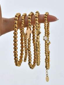 1 件简约不锈钢串珠手链，带心形和十字架吊坠，18K 镀金，适合女士，夏季 - 金黃色 - 查看 3