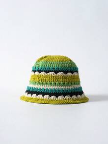Tropiscape Boho 1pc Women's Color Block Striped Knitted Beanie Hat, Casual And Versatile, Face Flattering, Fisherman Style,For Autumn And Winter Beach Autumn Winter Gifts - Green - View 5