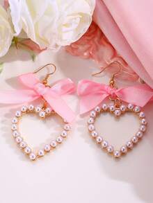 2 piezas Pendientes con lazo elegante y corazón de perla artificial, joyería de moda, adecuado para fiesta, boda, cena y uso diario - Pendientes lazo corazón - Ver 3