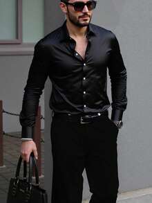 NITAGUT Men Solid Button Up Long Sleeve Shirt, Fall - Black - View 6