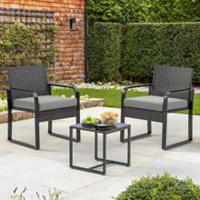 3 Pieces Patio Bistro Set,  Wicker Outdoor Patio Furniture Set, Rattan Conversation Patio Chairs With Glass Table, Furniture Set With Cushion For Balcony, Front Porch, Garden, Poolside