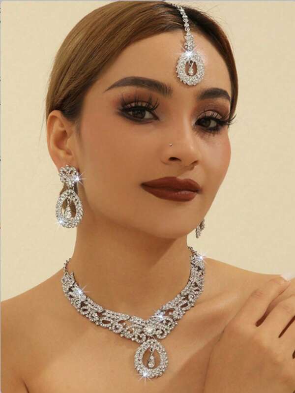 4pcs/Set Elegant Luxury Rhinestone Earrings Necklace Headpiece Jewelry Set, Suitable For , Dubai Bride Wedding Party Events