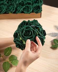 25Pcs Artificial Roses Flowers Fake Roses With Stems Real Touch Foam Flowers For DIY Wedding Bouquet Baby Shower Centerpiece Floral Arrangement Party Home Decor(Dark Red) - Berburu Hijau - View 5