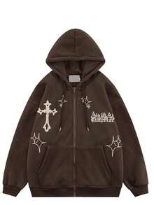 Men's And Women's Streetwear Cross-Stitch Zipper Hooded Sweatshirt, Retro Y2K Skeleton Spider Pattern Hooded Sweatshirt, Black Hooded Sports Shirt  Letter  Star    Casual    Pocket  Drawstring  Zipper    Home - Brown - View 1