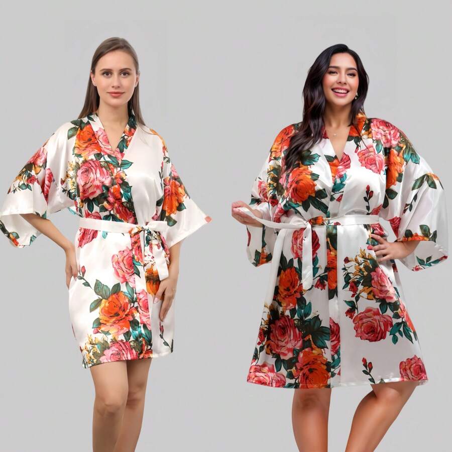 1 pieza Bata de satén estilo floral para boda, fiesta de novia, dama de honor, bata kimono para mujer, despedida de soltera, Día de la Madre, regalo de regreso a la escuela