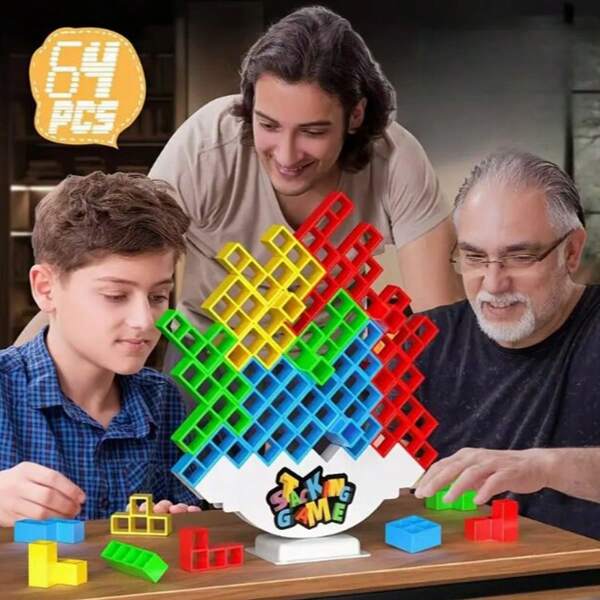 Fun Balancing Block Board Game 16/32/48/64 Pieces, Suitable For Kids, Adults, Friends, Teams, Family Nights & Parties, Children's Day Gift, Juneteenth Gift (Including Stickers+Cards)