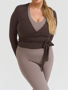 Women Y2K Pilates Wrap Top Long Sleeve Deep V Neck Tie Front Workout Ballet Pilates Yoga Shirt Casual Slim Fit Sports Active Tops - 棕色 - 查看 3