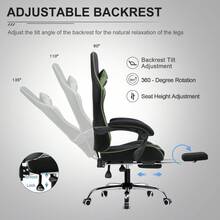 Fabric Gaming Chair, Massage Ergonomic Computer Chair With Footrest, Lumbar Support, Headrest, Height Adjustable Home Office Reclining PC Racing Chairs, Green - 綠色 - 查看 3