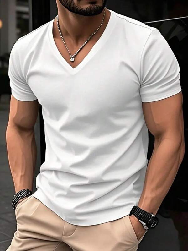 Men's Solid Color Casual V-Neck Short Sleeve Tee, Suitable For Outdoor And Leisure Wear In Summer