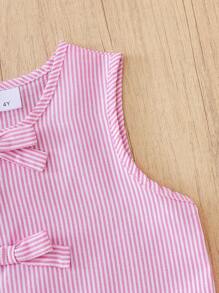 Girls Sleeveless Striped Ruffled Bow Tank Top + Striped Shorts 2Pcs Set, Summer