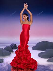 Women's Solid Color Strapless Dress With 3D Floral Decor, Elegant Evening Gown, Formal, Party Dress, For Wedding Guest