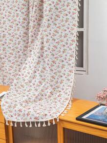 1pc Pink Floral Curtain With Tassels, Suitable For Dining Room, Cafe, Bedroom, Living Room, Kitchen, Year-Round Home Use