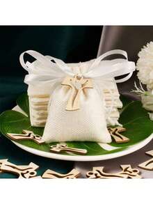 24pcs 10x8cm Burlap Bags Packaging, 24pcs Cross Wood Boards, Multicolored Paper Confetti, Silk Ribbons, Baptism Wedding Decorations - White - View 3