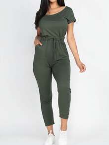 Women's Solid Color Casual Two-Way Shoulder Tie Waist Drawstring Short Sleeve Jumpsuit Scoop Neck Off Shoulder Jumpsuit For Women - 橄欖 - 查看 2