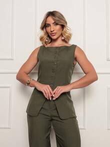 Laris Women's Tailored Work Set: Button-Down Blouse And Dress Pants - 軍綠色 - 查看 3