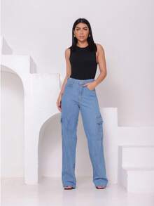Wide Leg Cargo Jeans - Light Wash - View 4