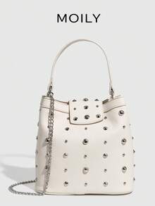 European And American Street Style One Shoulder Underarm Bucket Bag, Rivet Bag - White - View 2