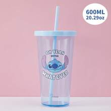 Miniso 史迪奇系列吸管塑料杯 600毫升/20.29盎司，可爱水杯，大容量设计，适合家庭、学校、办公室或旅行（1个） - 彩色 - 查看 1