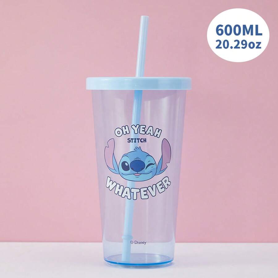 Miniso 史迪奇系列吸管塑料杯 600毫升/20.29盎司，可爱水杯，大容量设计，适合家庭、学校、办公室或旅行（1个） - 彩色 - 查看 1