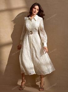 Elegant Embroidered & Solid Color Panel Collar And Cuffs Full Front Opening Romantic Floral Trim A-Line Fitted Dress For Women