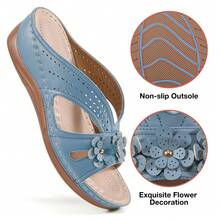 Ecetana Blue Slippers For Womens:Women's Wedge Slide Sandals- Super Breathable, Stylish Open Toe Cut-Out Design With Arch Support Effortless Slip-On.Summer Sandals With Three-Dimensional Decal Decoration, All-Match Going Out Sandals, Perfect For Casual Outdoor. - 藍色 - 查看 2