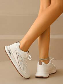 女士圆头系带厚底学生休闲舒适厚底运动鞋 - 卡其色 - 查看 4