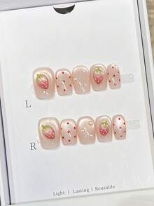 10pcs Summer Pink Hand Painted Cat Eye French Strawberry Polka Dot Handmade Acrylic Press On Nails, Cute Sweet Short Square Fake Nails With Jelly Glue And Nail File, DIY Nail Art Supplies Valentine's Day School Travel Handmade Press On Nails - Pink - View 14