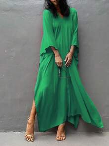 Plus Size Women Elegant Solid Color Loose Fit Casual Robe With Batwing Sleeves, Ideal For Vacation, Spring/Summer/Autumn