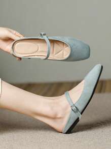 Mocasines de mujer de punta cuadrada color azul claro, de estilo informal y versátil para usar en la oficina, zapatos planos de alta calidad tipo Mary Jane para actividades al aire libre en primavera/otoño