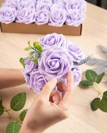 25Pcs Artificial Roses Flowers Fake Roses With Stems Real Touch Foam Flowers For DIY Wedding Bouquet Baby Shower Centerpiece Floral Arrangement Party Home Decor(Dark Red) - Lilac - View 5