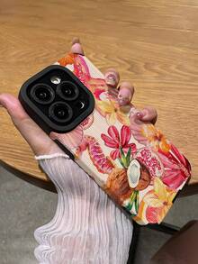 Flower 1pc Pink Hibiscus & Coconut Pattern Vertical Stripe Faux Leather Protective Phone Case, Compatible With Apple 16/16 Plus/16 Pro/16 Pro Max & Waterproof Shockproof Anti-Fall Scratch Resistant - Multicolor - View 5