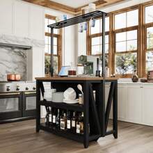 Wooden Kitchen Island With Power Outlet & LED Lights, Bakers Rack With Storage, Large Kitchen Island Table With 3 Tier Microwave Stand Oven Shelf, Coffee Bar Table With 6 Hooks, White