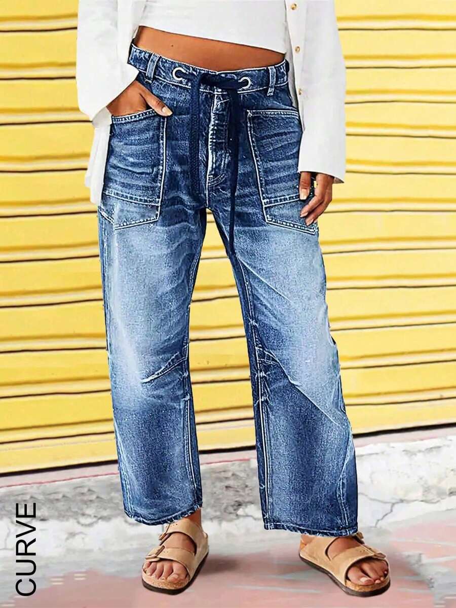 大码女式宽松阔腿牛仔裤，带抽绳和大口袋，休闲度假春季款 - 中等水洗藍 - 查看 1