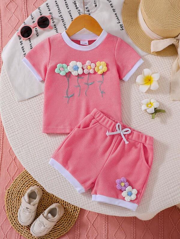 Nouvel arrivage d'été, ensemble pour bébé fille composé d'un Top en tricot côtelé à motif floral et d'un short à manches courtes casual