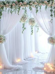 2 件白色透明薄纱背景窗帘，透明背景窗帘，适用于婚礼、招待会、照相亭和家居装饰 - 适用于订婚、迎婴派对、生日、椅子彩带和节日派对摄影背景墙装饰 - 白色 - 查看 6