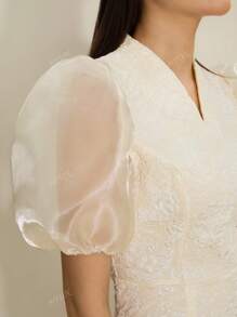 Women's Elegant 3D Floral V-Neck Puff Sleeve Dress, Spring/Summer, Party Dress, Prom Dress