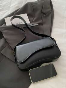 简约纯色单肩翻盖包，经典纹理斜挎包，女士钱包