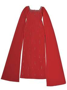 Women Cape Full Sleeve Sparkling Rhinestone Party Dress Sexy Night Birthday Elegant Evening Formal Dress - Red - View 5