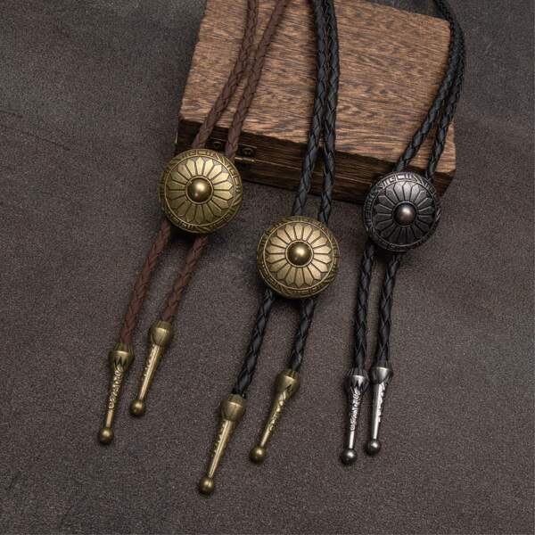 1pc Vintage Bolo Tie Long Necklace, Western Style Round Patterned Pendant