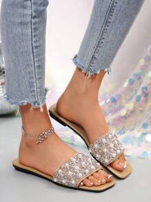 Women's Slide Sandals With Rhinestone Decor, Casual Versatile Outdoor Flat Plastic Slippers