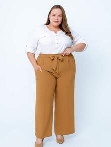 Calça Feminina Plus Size Pantalona Cinto Amarrar Duna Moda blogueira - Amarelo mostarda - Visão 2
