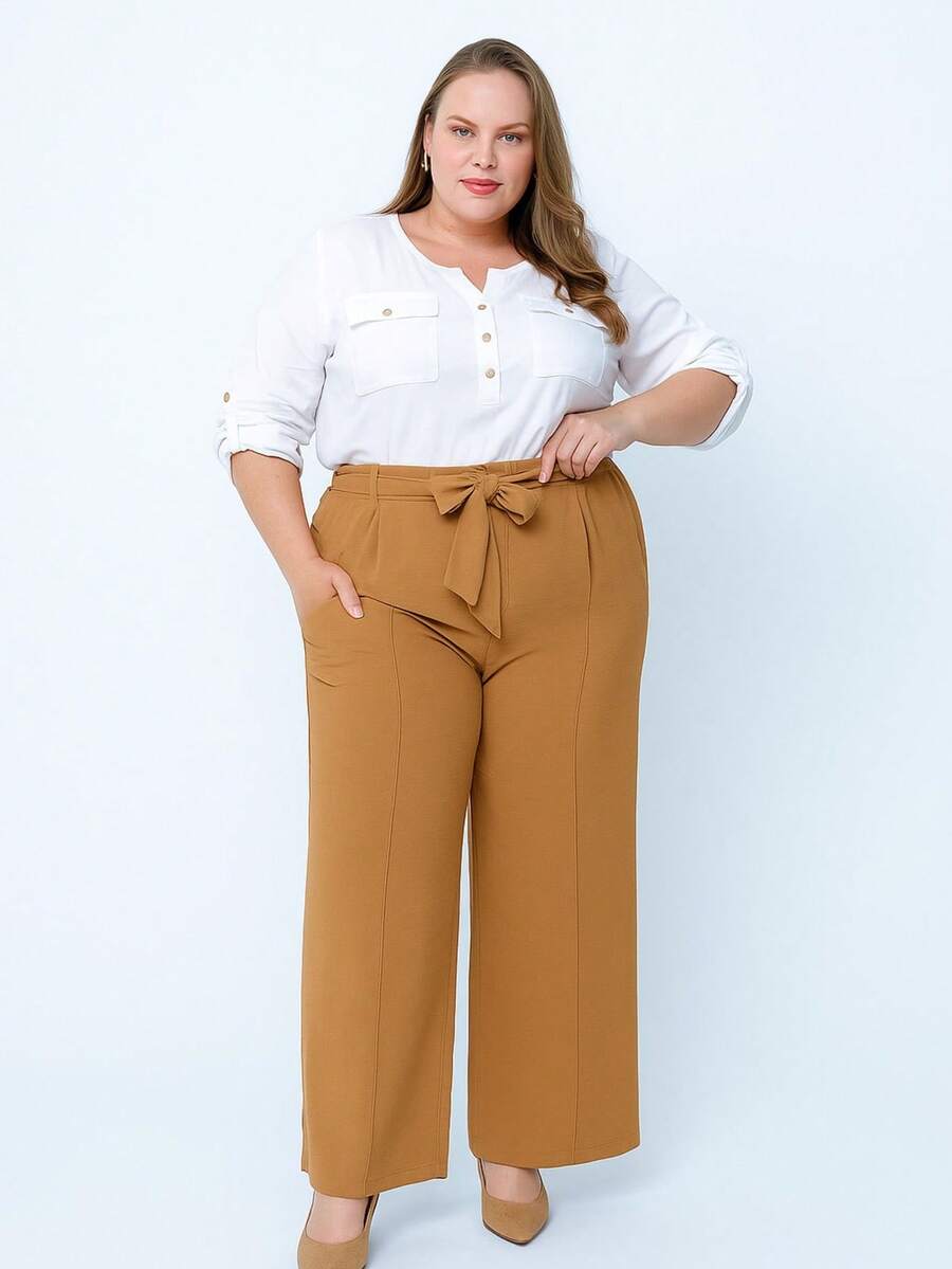 Calça Feminina Plus Size Pantalona Cinto Amarrar Duna Moda blogueira