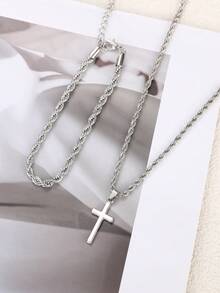 2pcs Men's Jewelry Set, Minimalist Twisted Chain Cross Necklace And Bracelet, Suitable For Daily Wear, Party, Hip-Hop, Rap - Silver - View 5