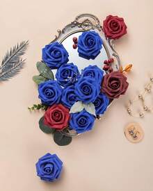 25Pcs Artificial Roses Flowers Fake Roses With Stems Real Touch Foam Flowers For DIY Wedding Bouquet Baby Shower Centerpiece Floral Arrangement Party Home Decor(Dark Red) - Royal Blue-a - View 2
