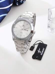 RICECGO RICECGO 1pc Men's Classic Quartz Watch - Business Style, Circular Dial, Calendar Display, Stainless Steel Strap, Quartz Movement, Suitable For Daily Wear, Ideal Gift For Birthdays Or Special Occasions, Anniversary Gift, Back To School Gifts.