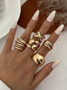 6pcs/Set Vintage Minimalist Alloy Molten Lava Teardrop Design Open Rings, Asymmetrical Fashionable Thick Metal Gold Tone Ring Set, Suitable For Women's Daily Commute, Holiday Gifts, Party Decoration, Charming Jewelry Gift Set